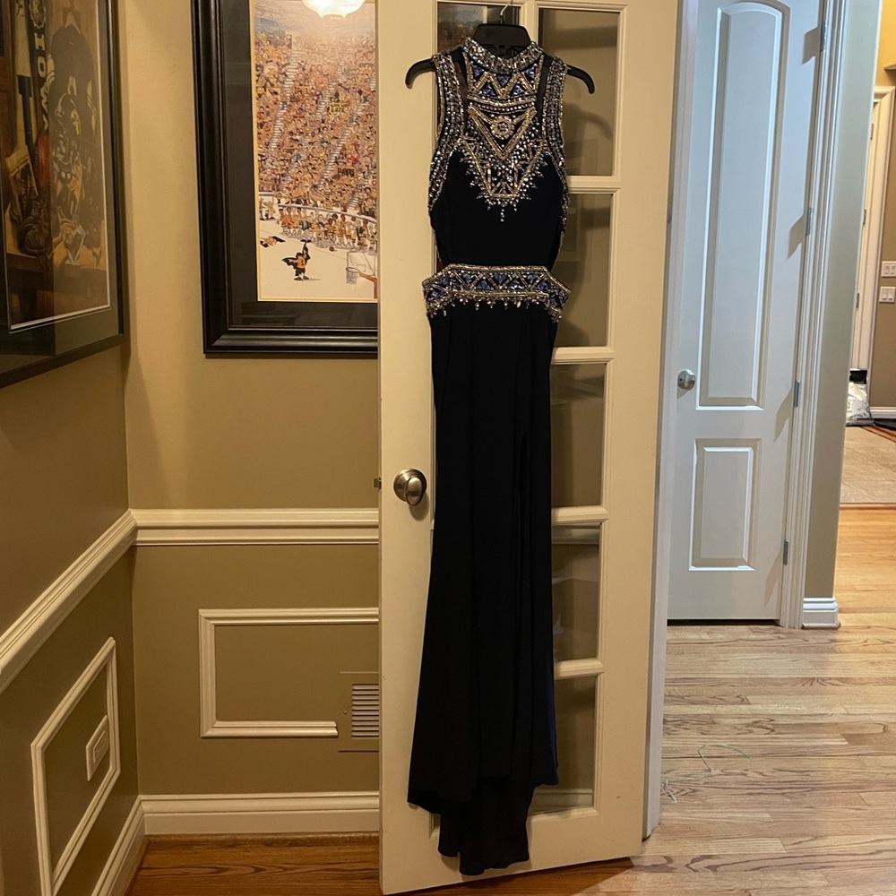 Rachel Allan Blue Prom Dress with Jeweled Embellishments